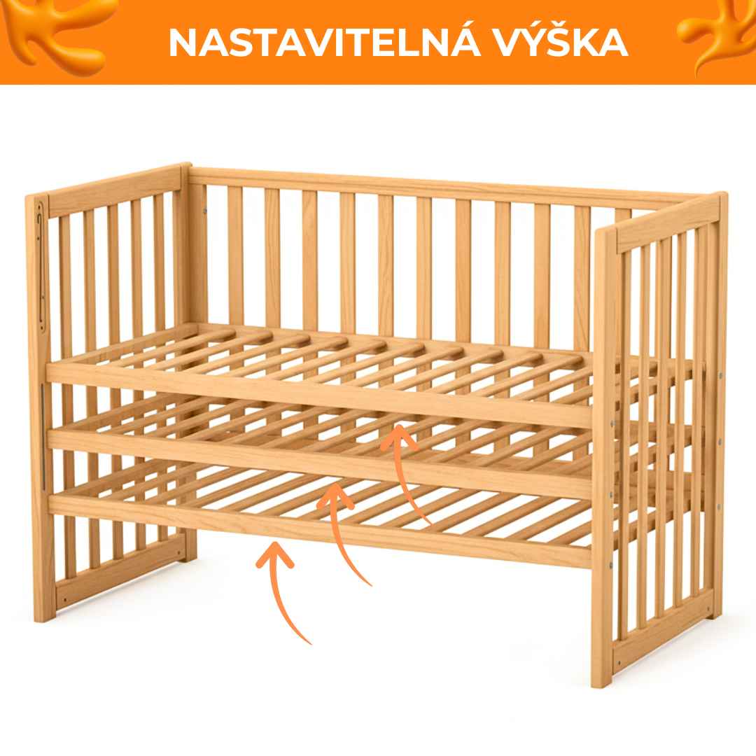 Sada. Dětská postýlka Sleeppo Gekko Kids 120x60 s kvalitní matrací. Přírodní Buk